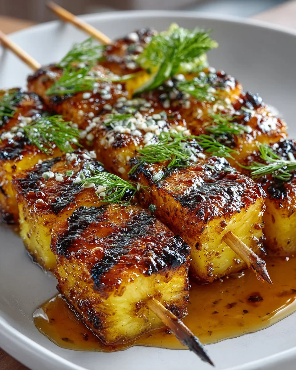 Grilled pineapple skewers drizzled with honey on a rustic wooden table.