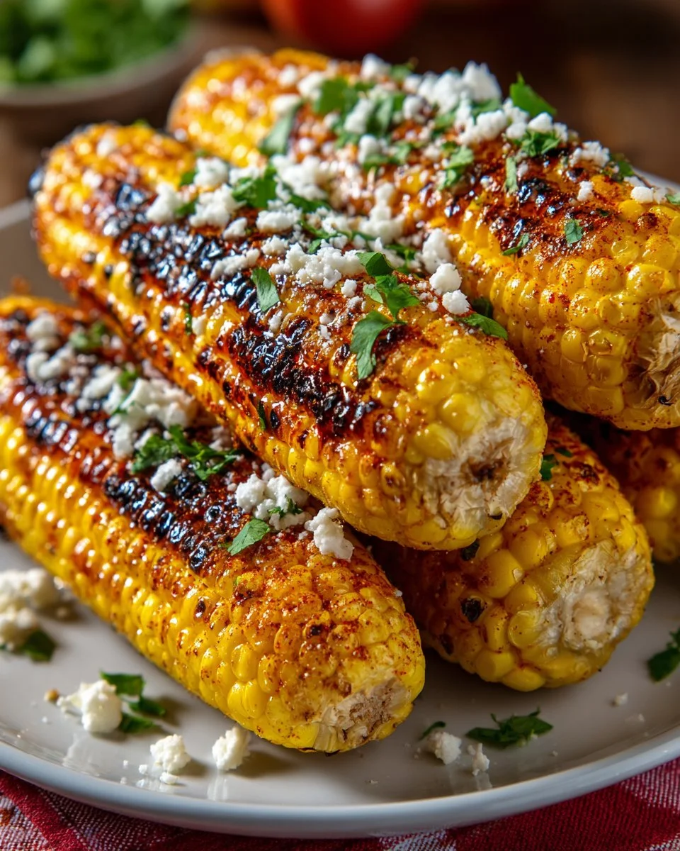 Grilled sweet corn topped with cotija cheese on a barbecue grill