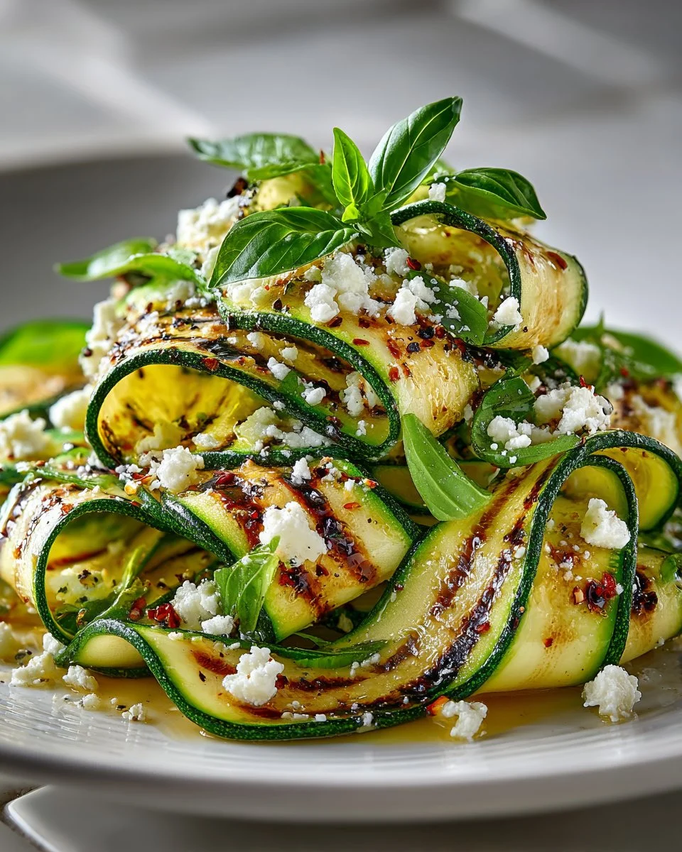 Delicious grilled zucchini ribbons with crumbled feta cheese