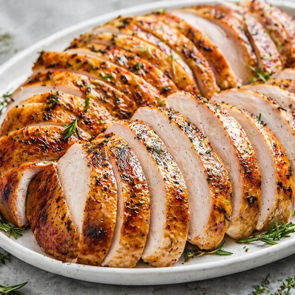 Juicy Healthy Garlic Herb Turkey Breast Roast garnished with rosemary and served with cranberry compote.