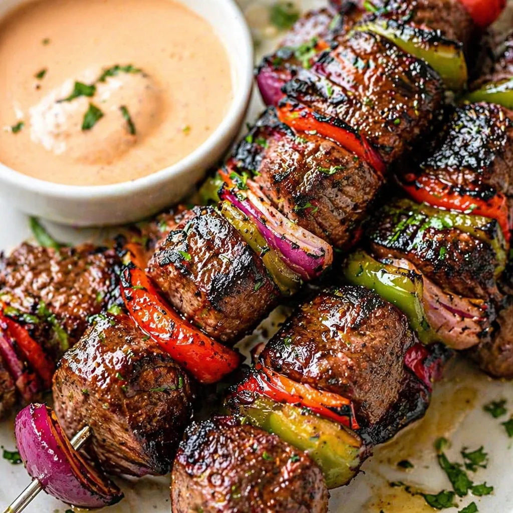 Healthy grilled beef and vegetable skewers marinated with fresh ingredients