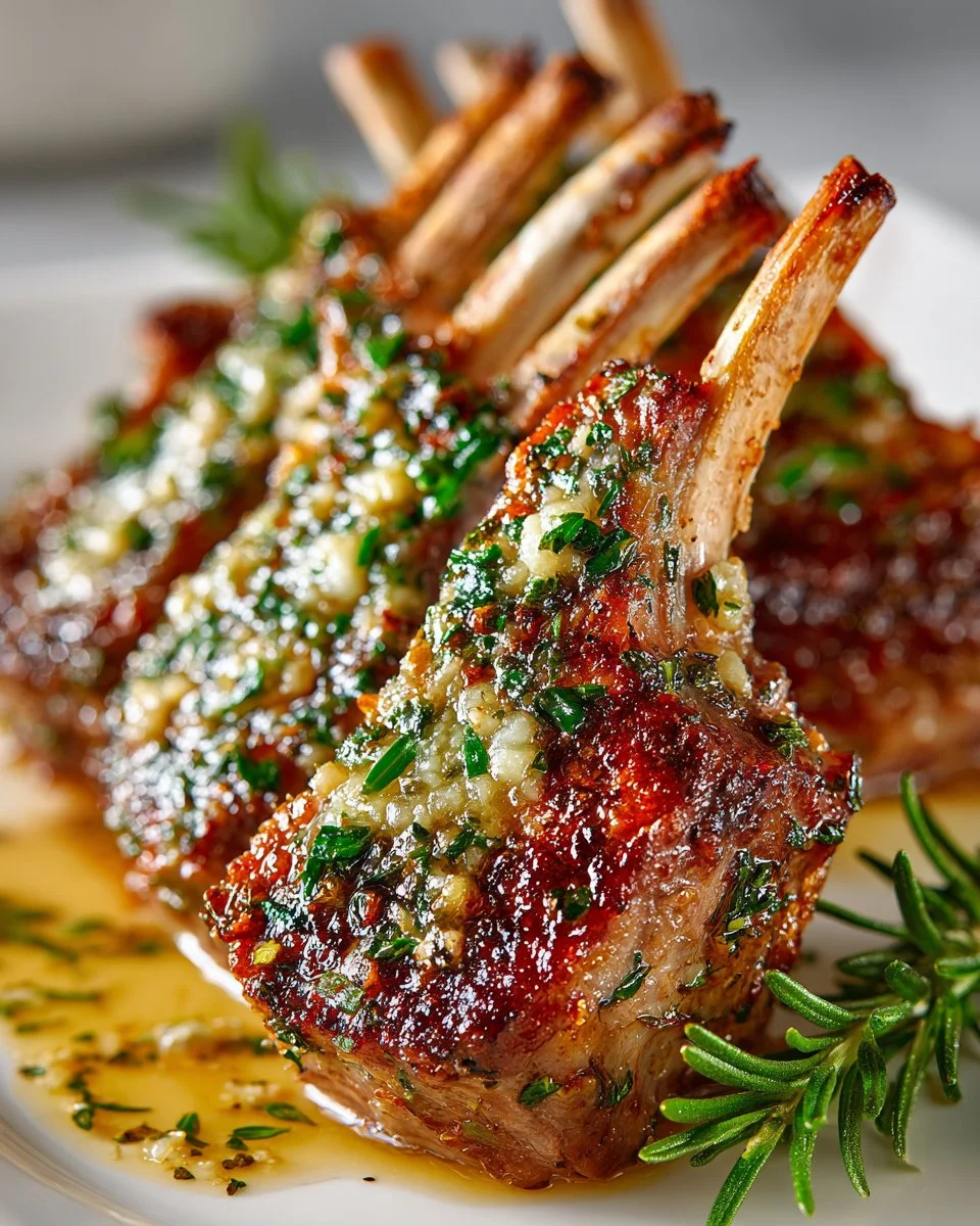 Herb Crusted Rack of Lamb garnished with fresh herbs and served on a plate