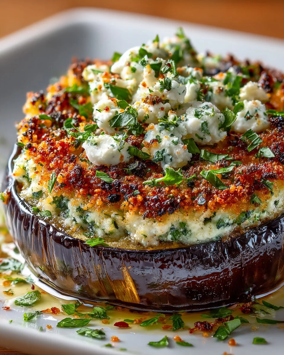 Herb crusted roasted eggplant topped with feta cheese on a plate.