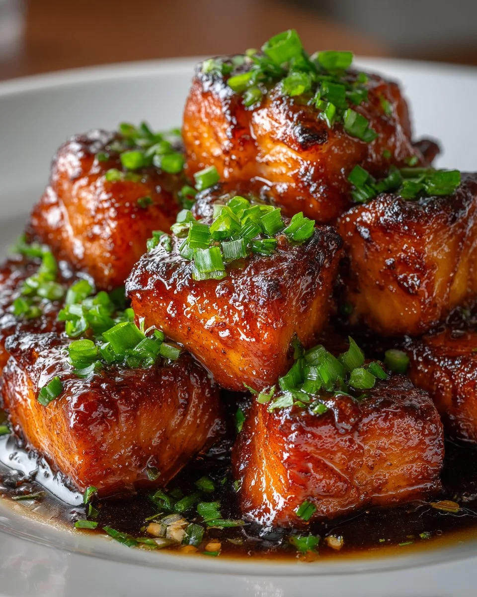 Delicious honey garlic glazed salmon bites served on a plate.