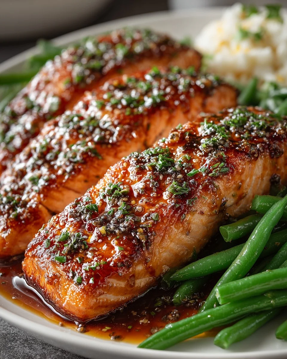 Honey glazed salmon served with blanched green beans on a plate