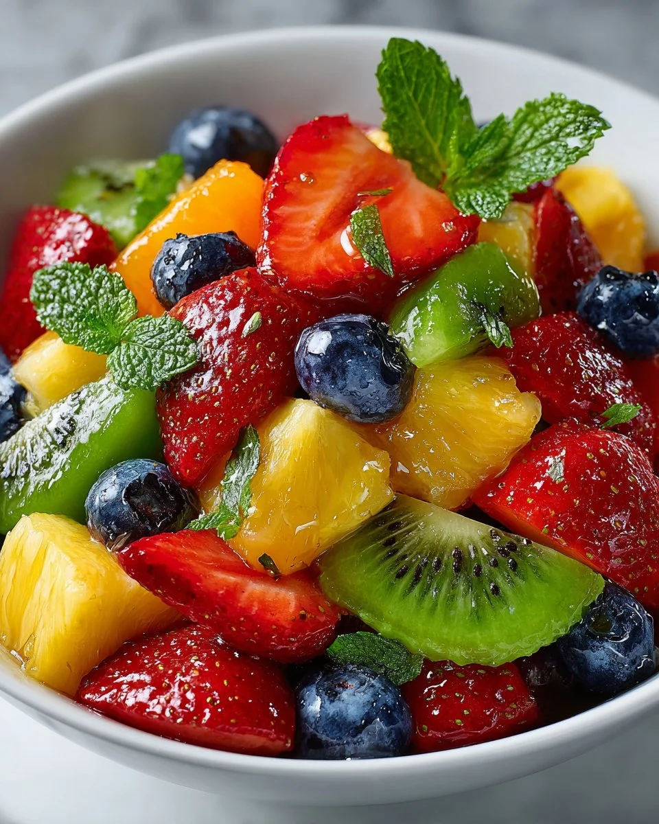 A colorful Honey Lime Fruit Salad with a variety of fresh fruits and lime dressing.