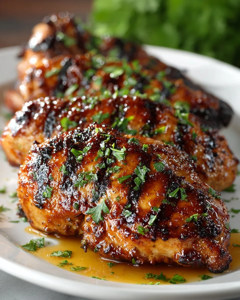 Honey Lime Glazed Grilled Chicken on a grill with fresh herbs and lime slices