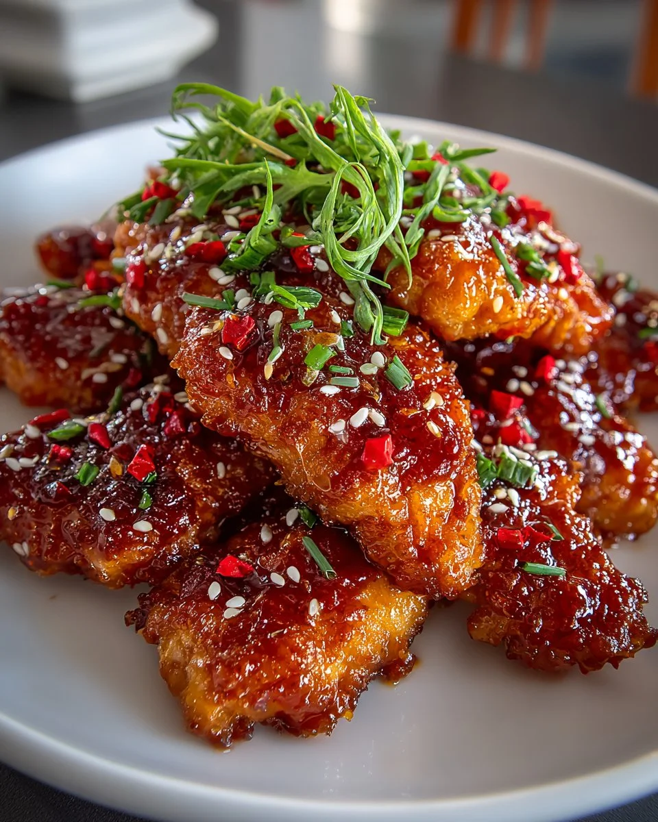 Honey Sriracha Chicken tenders drizzled with a spicy glaze, served on a plate.