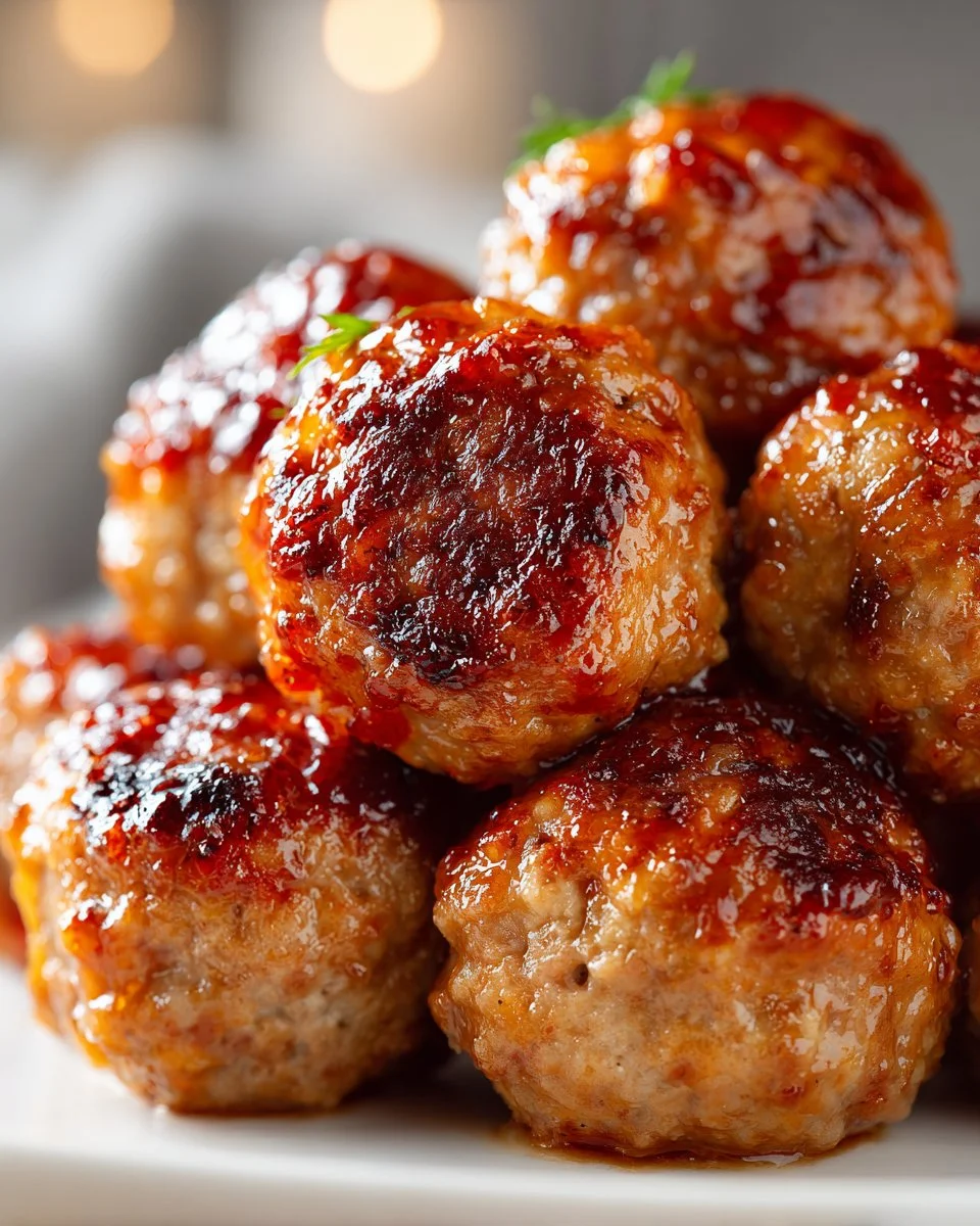 Delicious Honey Sriracha Turkey Meatballs served with sauce and garnish