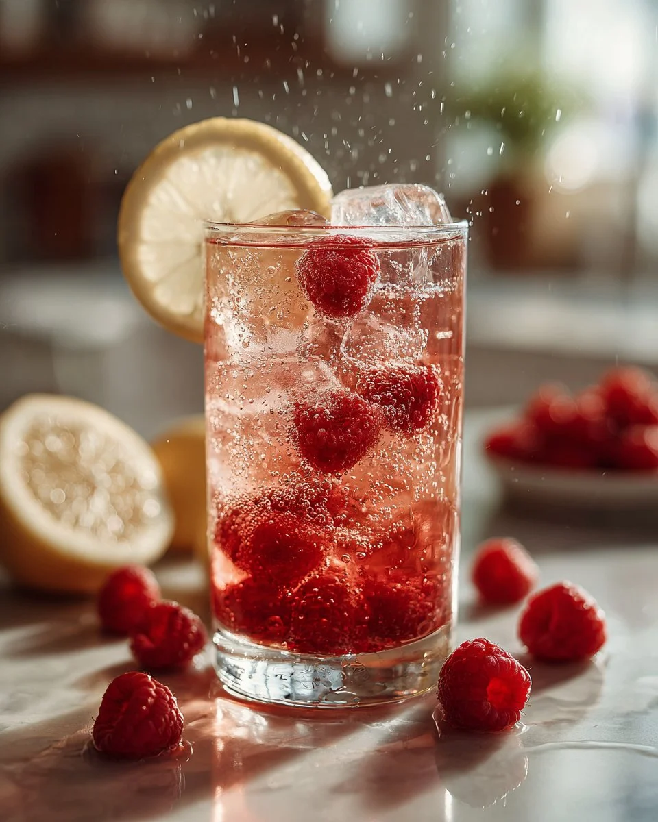 Iced Raspberry Green Tea served in a glass with fresh raspberries and ice