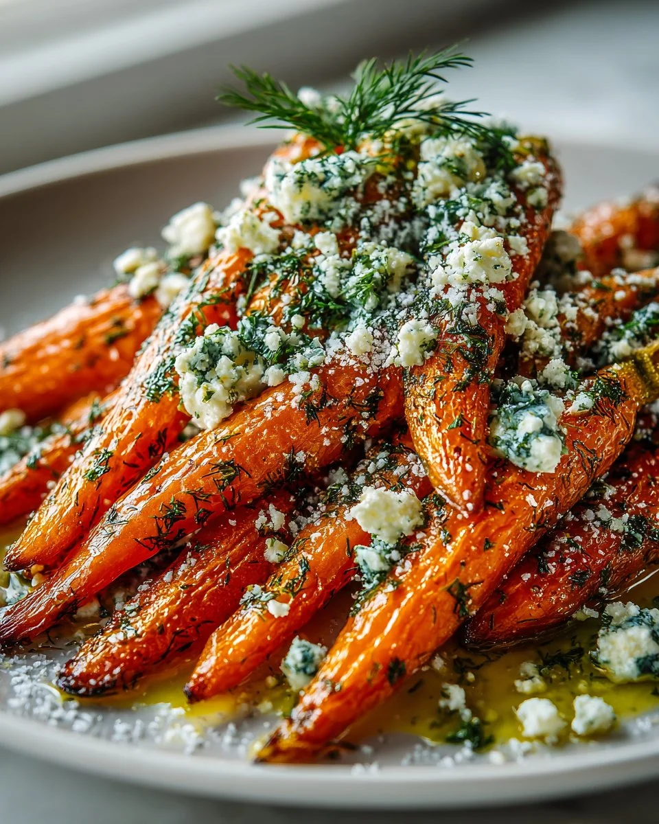Lemon Dill Roasted Carrots topped with Feta Crumble on a white plate.