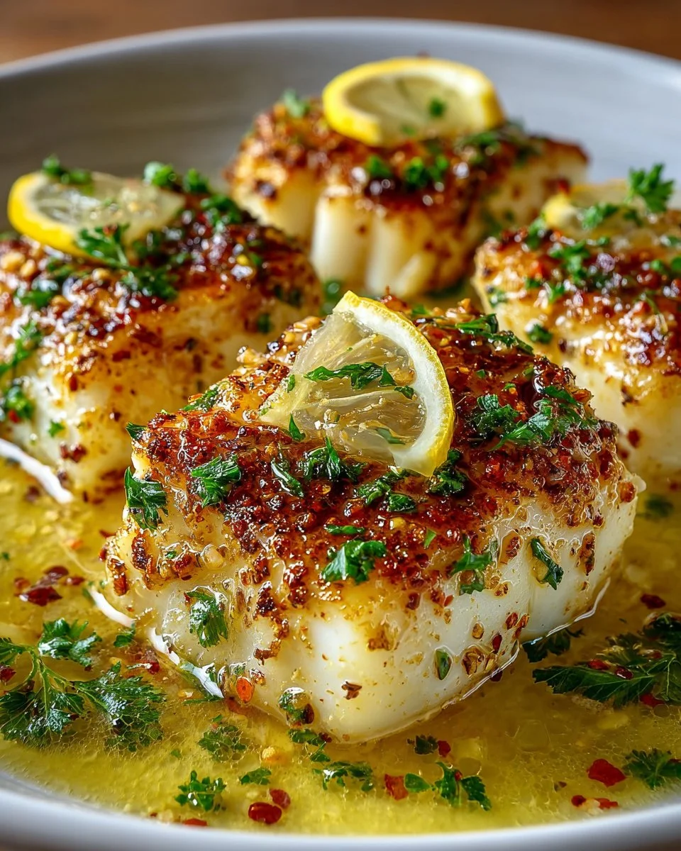 Lemon Garlic Butter Baked Cod served on a plate with lemon slices and herbs