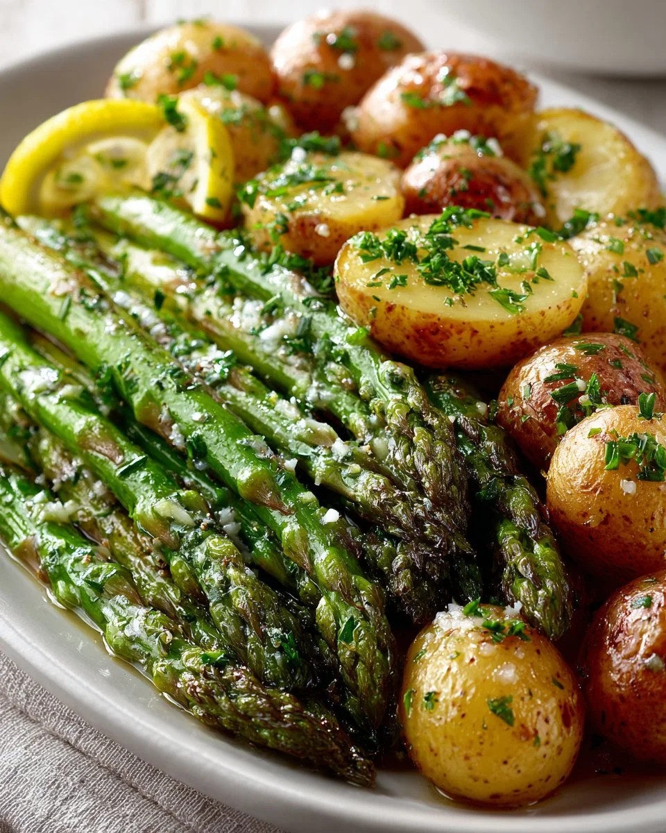 Lemon garlic butter roasted asparagus and potatoes on a serving platter
