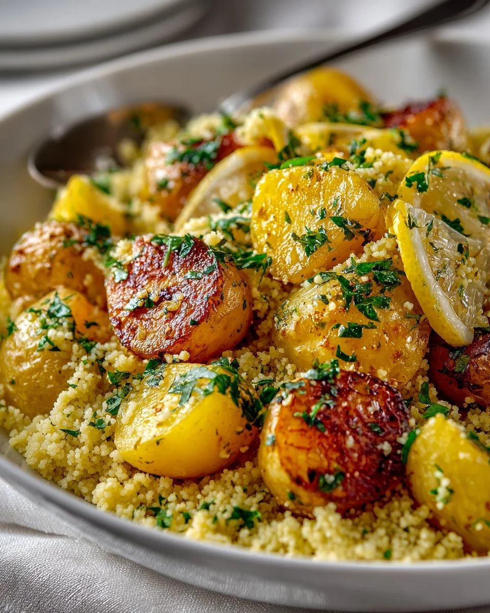 Dish of Lemon Herb Couscous served with crispy roasted potatoes