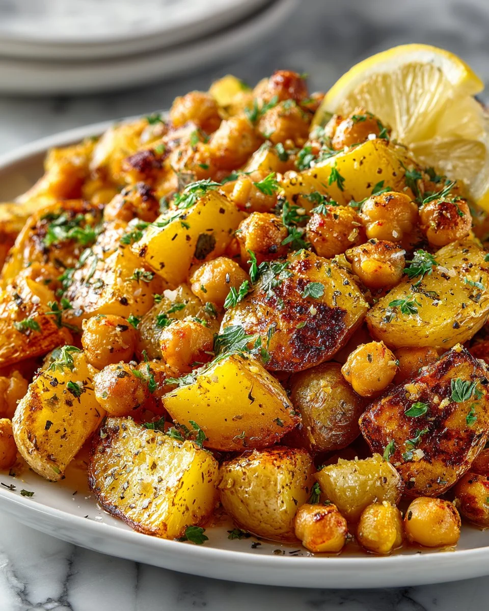 Crispy lemon oregano roasted chickpeas and potatoes on a serving plate