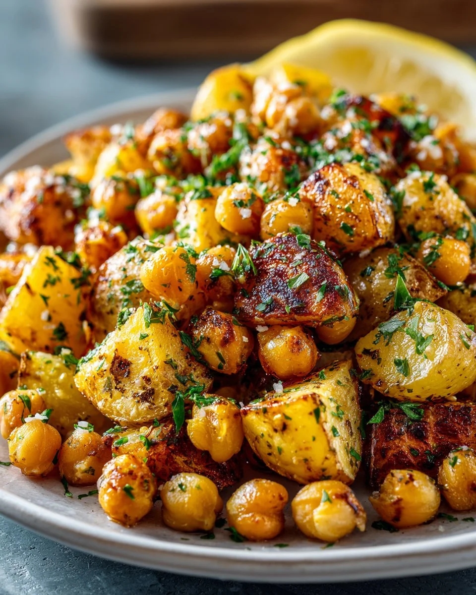 Lemon Oregano Roasted Chickpeas and Potatoes