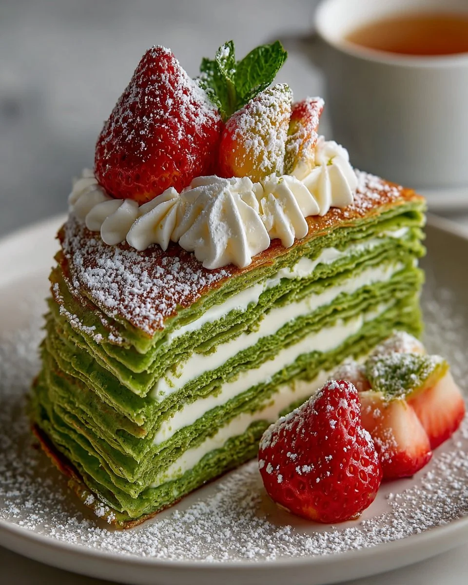 Matcha Crepe Cake with White Chocolate layers, a delicious dessert treat
