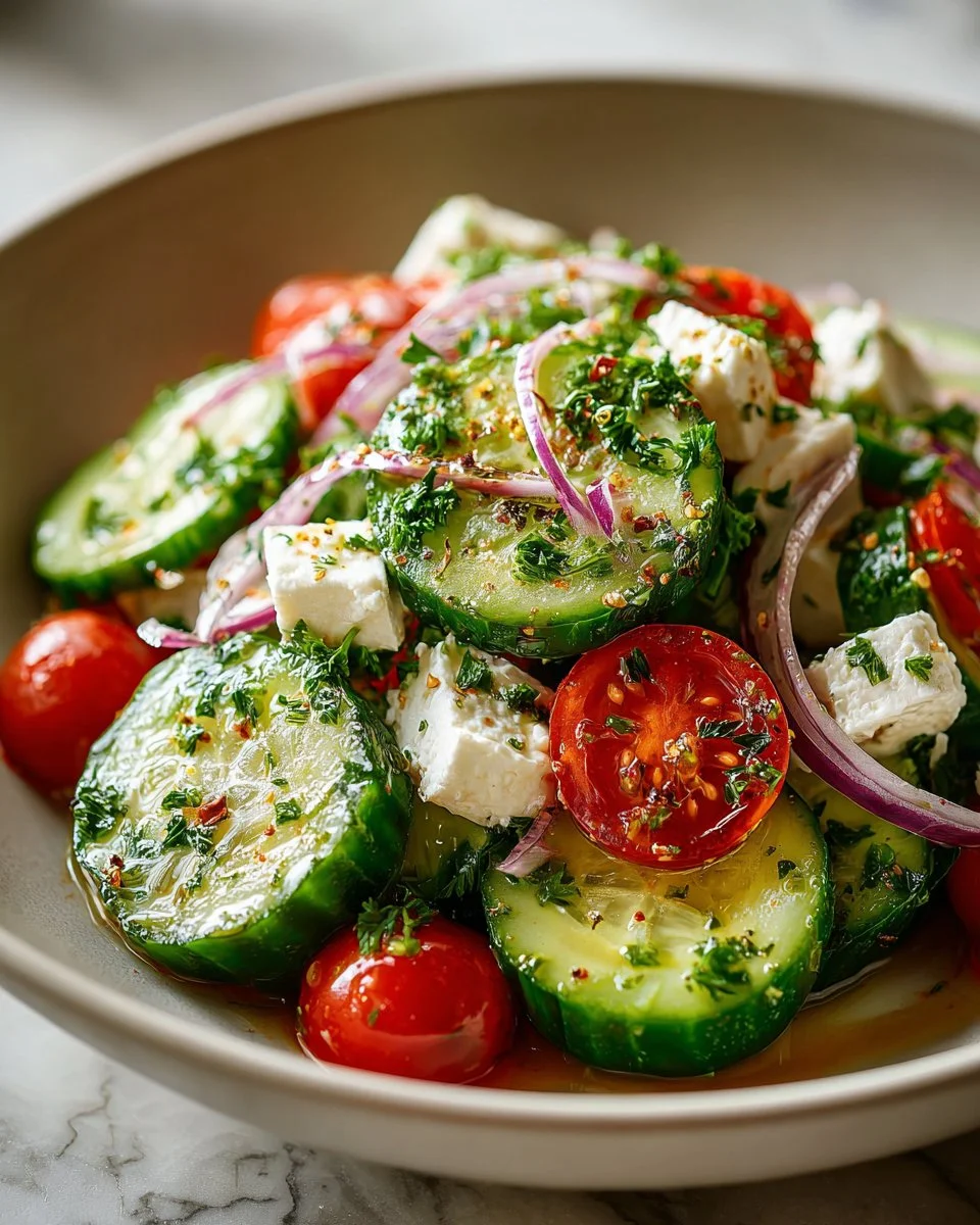 Mediterranean cucumber and feta salad with fresh ingredients in a bowl