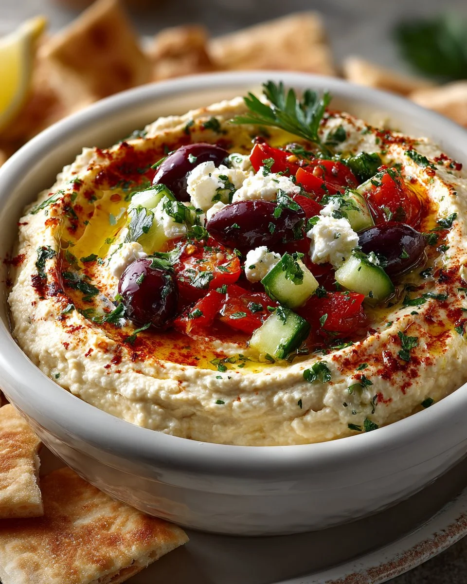Mediterranean layered hummus dip served in a bowl with fresh veggies and pita chips.