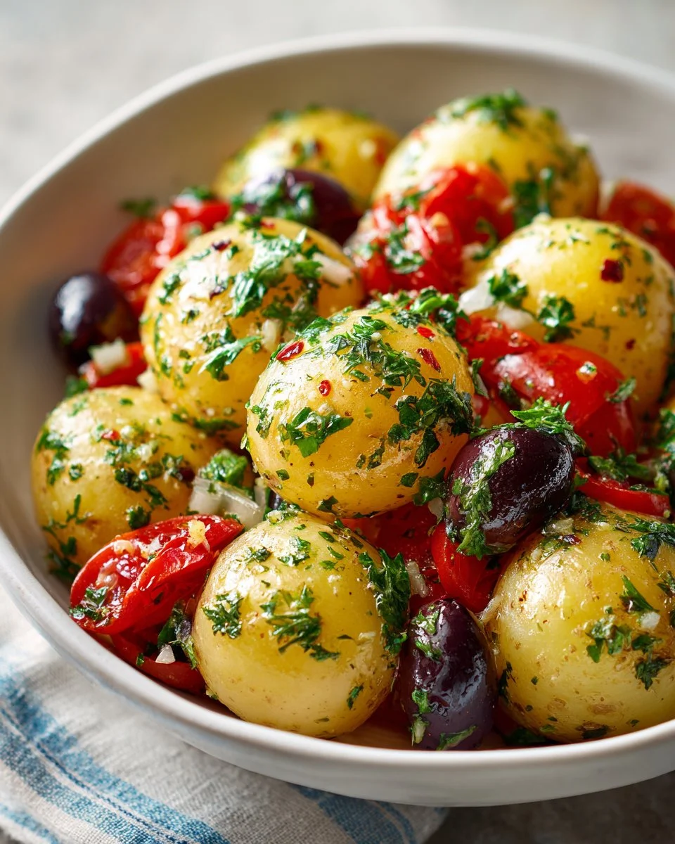 Mediterranean Lemon Olive Oil Potato Salad with fresh herbs and vegetables