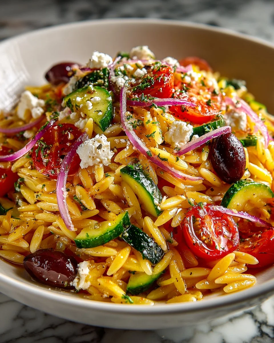 Mediterranean orzo pasta salad with fresh vegetables and dressing