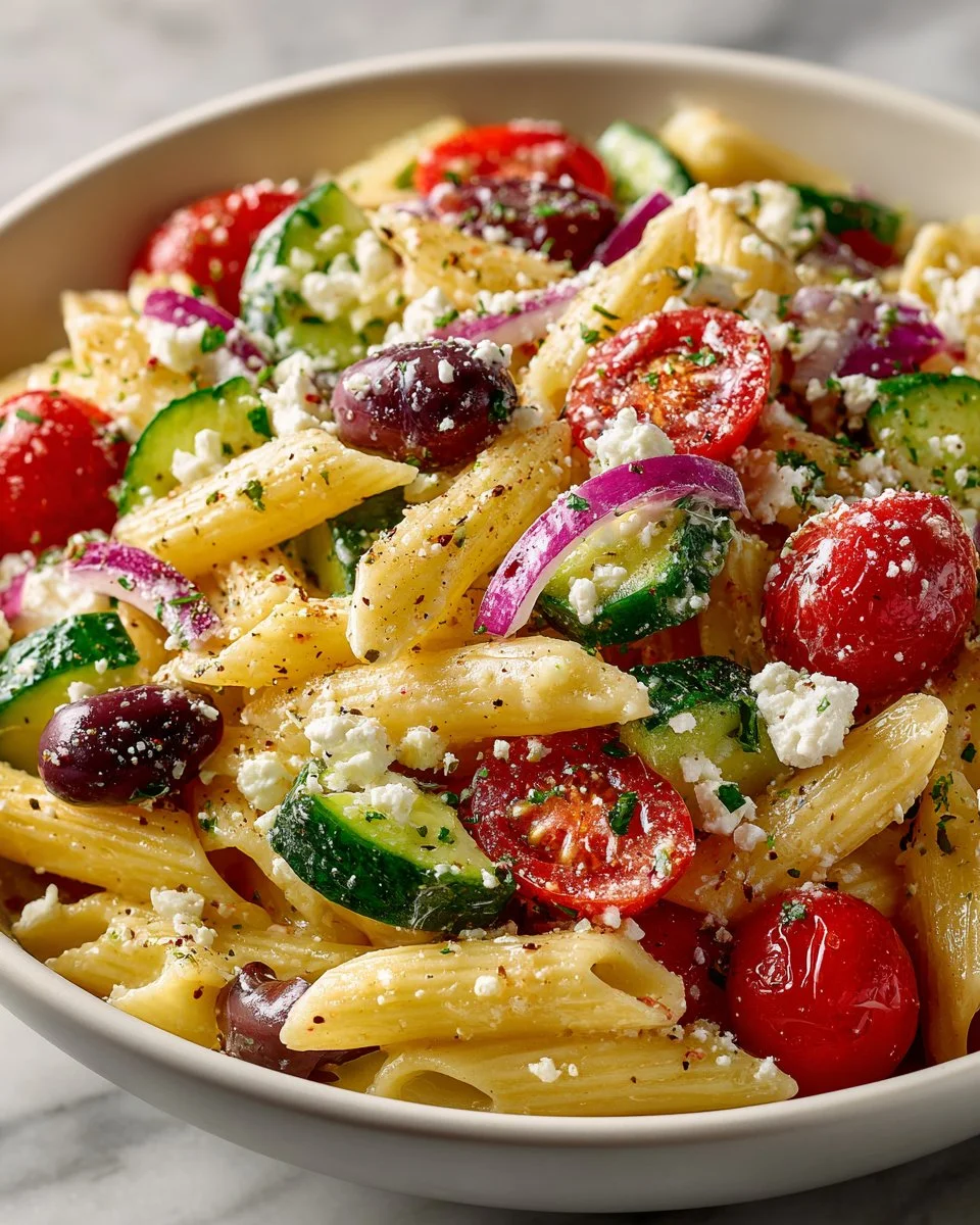 Delicious Mediterranean Pasta Salad with Feta cheese and fresh vegetables