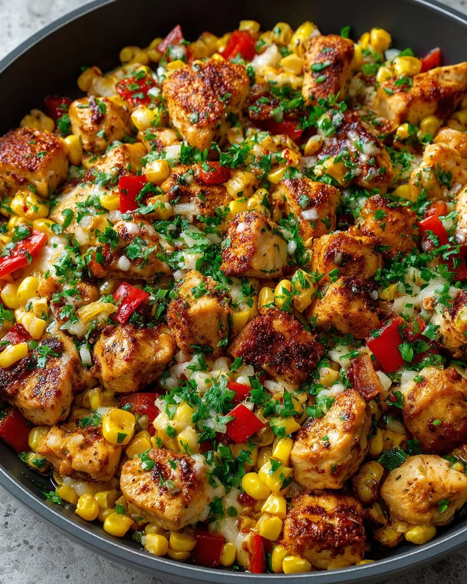 Mexican street corn chicken skillet dish topped with fresh herbs and cheese