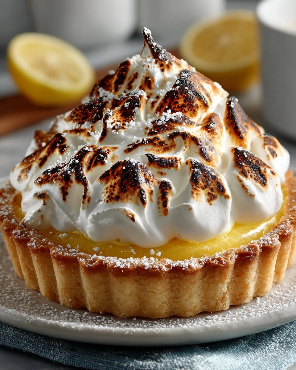 Meyer lemon tart topped with toasted meringue on a plate