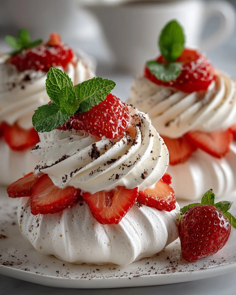 Mini Strawberry Pavlovas topped with Vanilla Bean Cream dessert