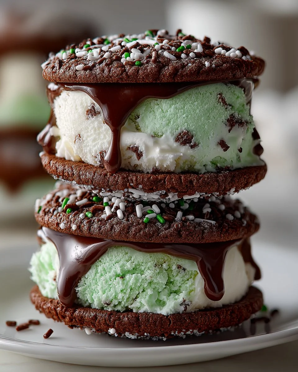 Mint chocolate chip ice cream sandwich with a chocolate cookie exterior
