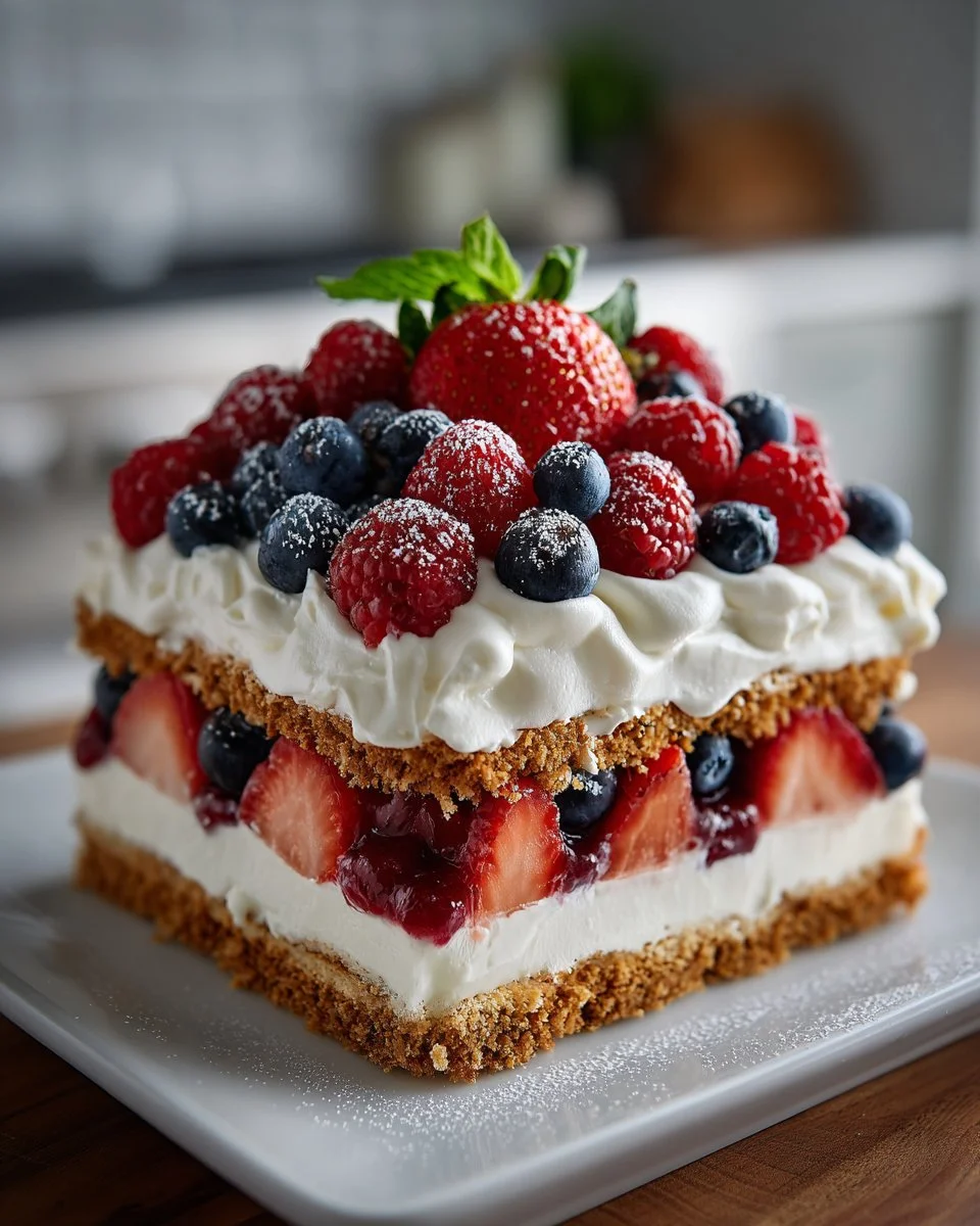 No bake berry icebox cake layered with fresh berries and whipped cream