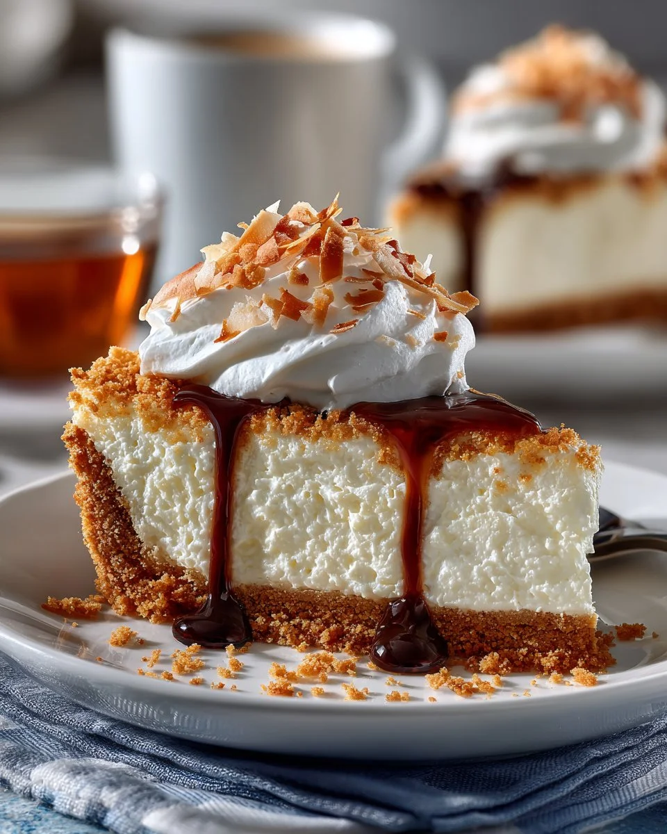 No bake coconut cream dessert topped with coconut flakes and whipped cream
