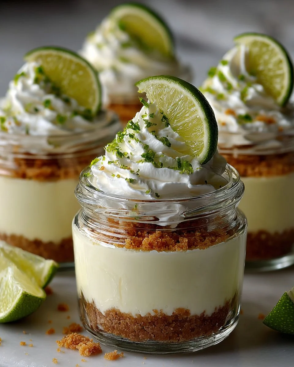 No bake key lime cheesecake jars topped with lime slices and whipped cream