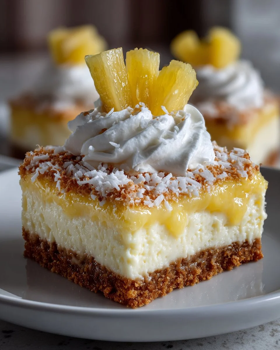 No bake pineapple coconut cheesecake bars topped with fresh pineapple and coconut shavings.