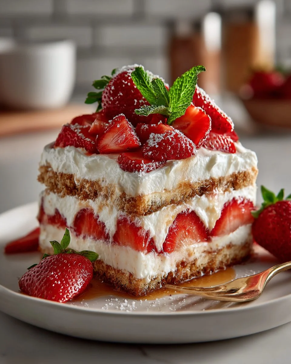 No bake strawberry icebox cake layered with fresh strawberries and cream cheese