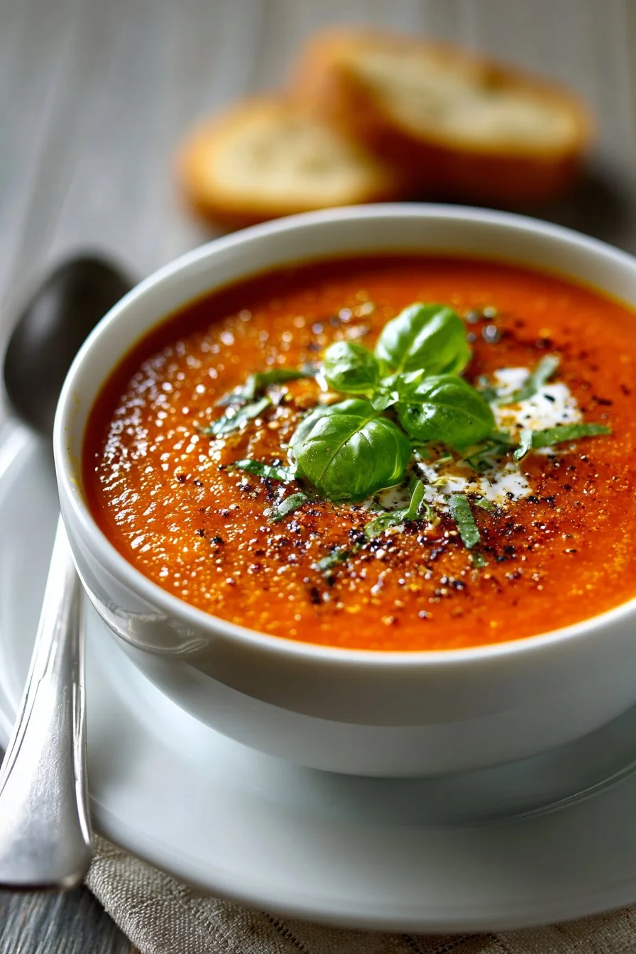 A bowl of old fashioned cream of tomato soup garnished with fresh herbs