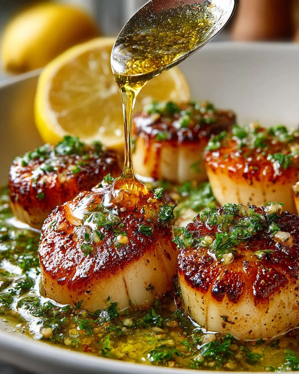 Pan seared scallops with citrus glaze served on a plate.
