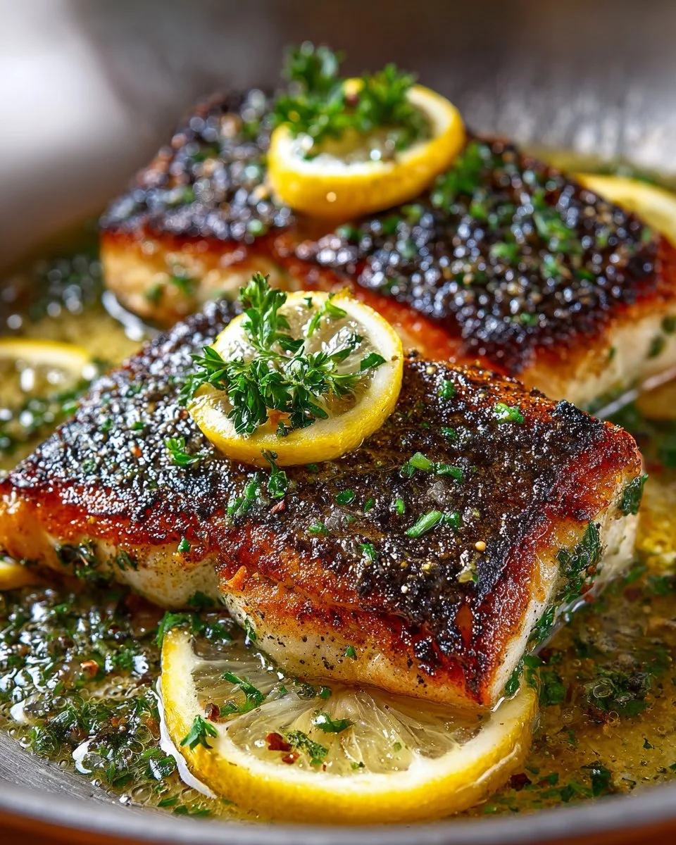 Pan Seared Sea Bass served with Lemon Butter sauce on a white plate