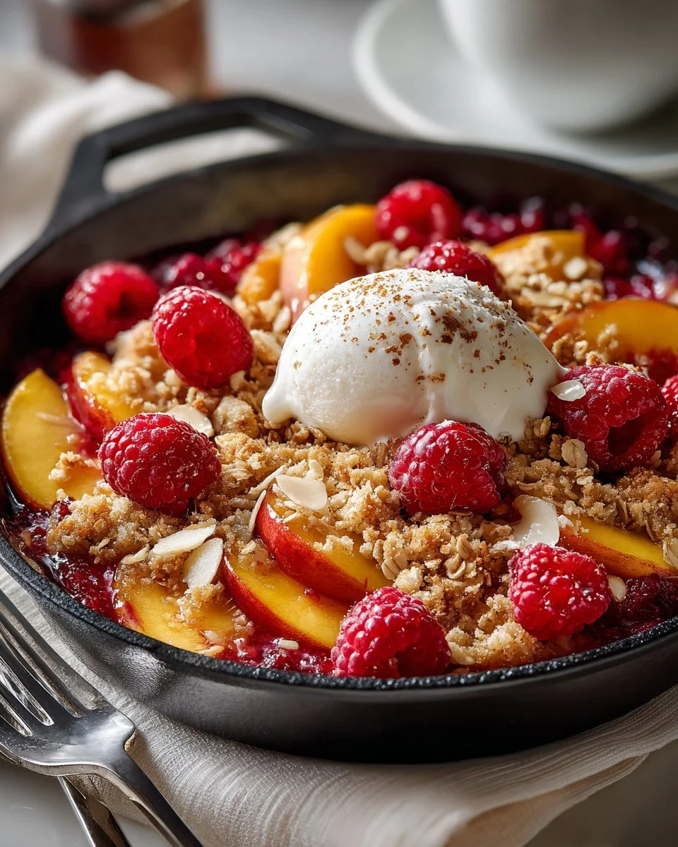 Peach Raspberry Crumble Skillet topped with fresh raspberries and peaches