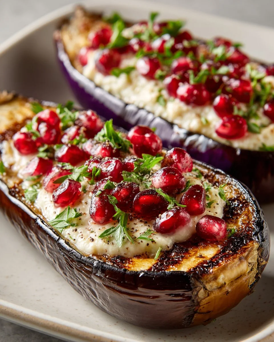 Roasted Eggplant with Tahini and Pomegranate
