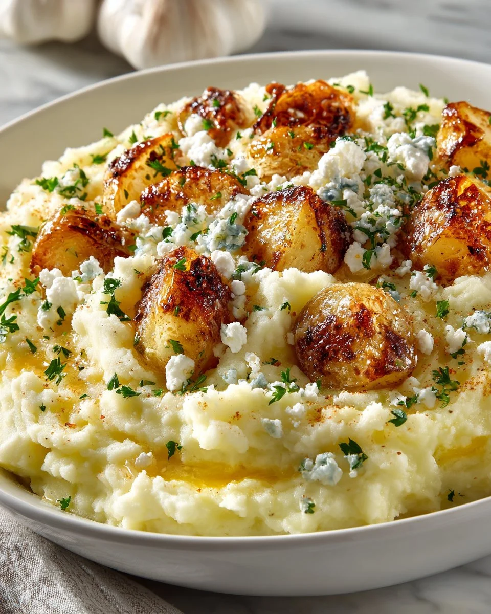 Creamy roasted garlic feta mashed potatoes served in a bowl