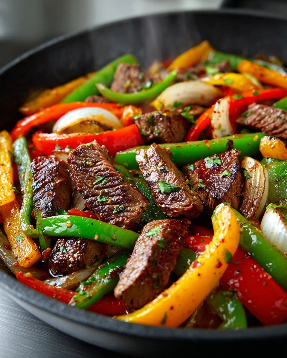 Sizzling Steak Fajita Skillet with colorful peppers and onions