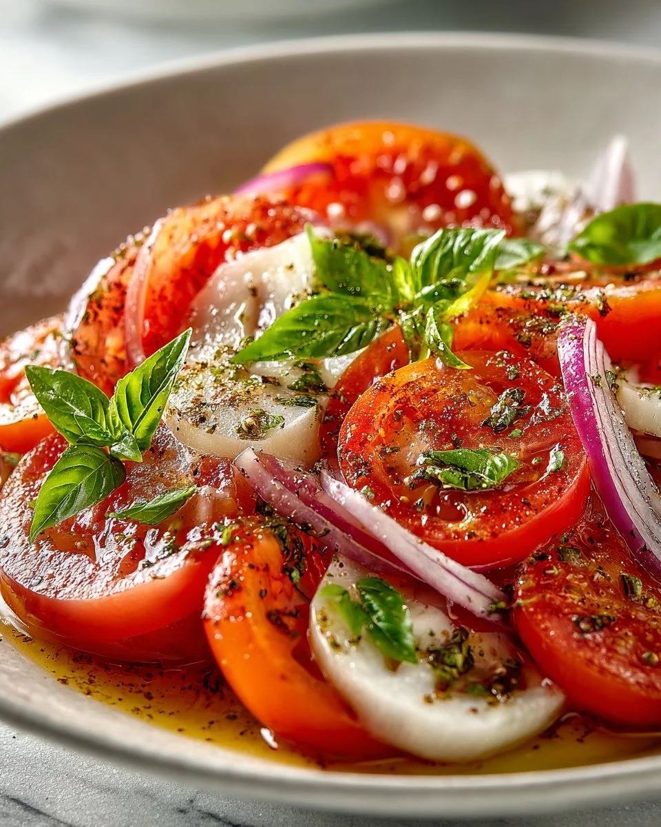 Sliced tomato and sweet onion salad in a vibrant bowl