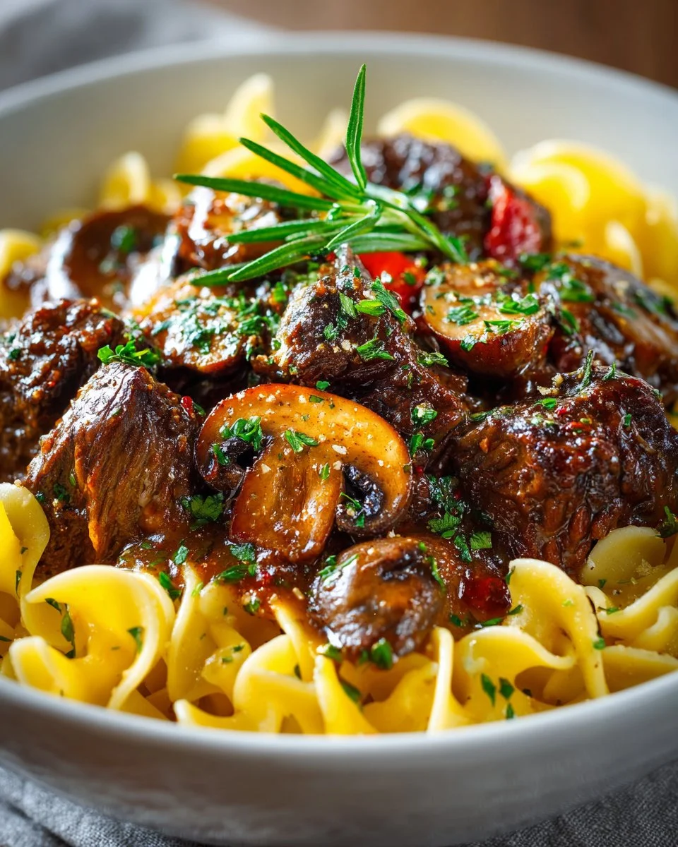 Slow cooked beef stroganoff with mushrooms served in a bowl