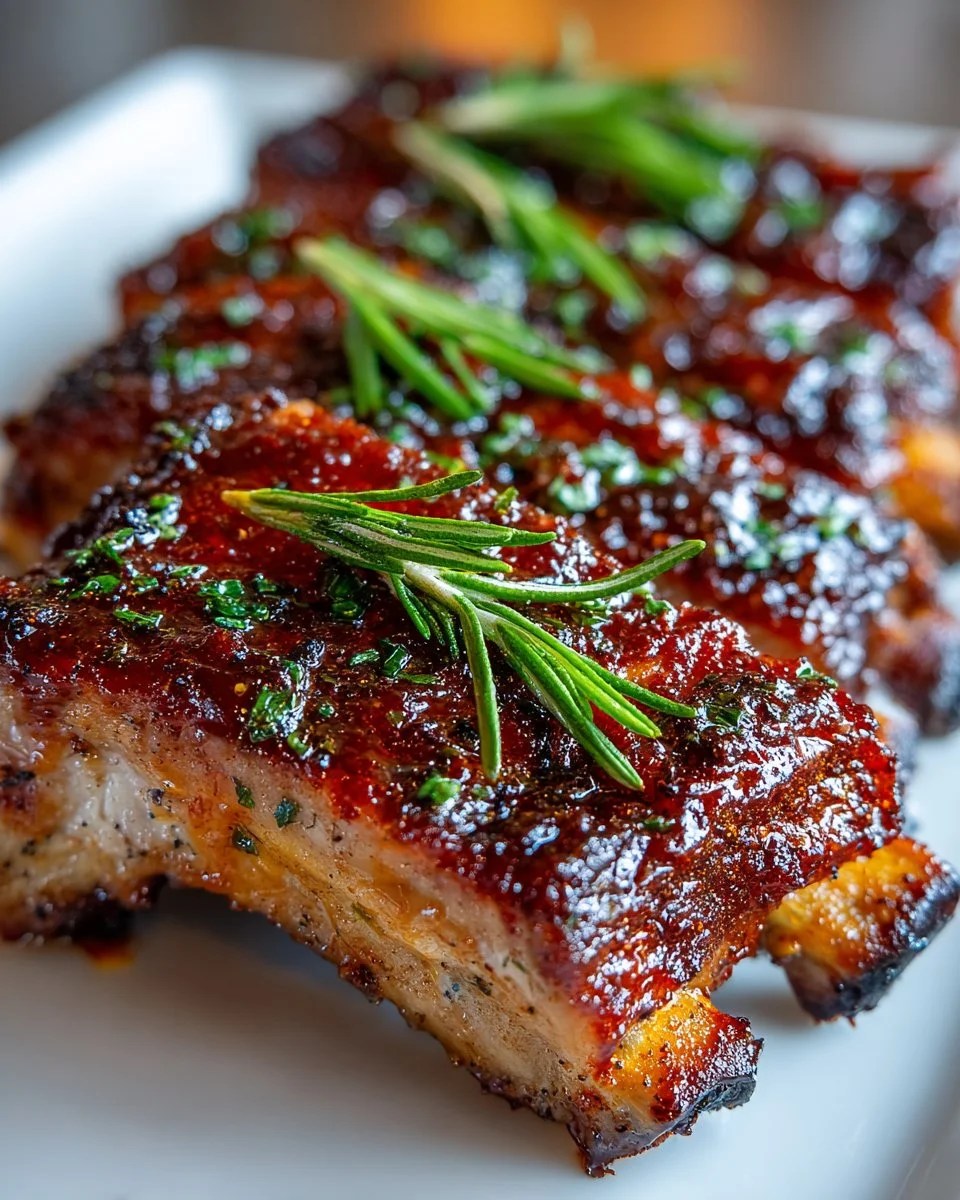 Smoky BBQ Turkey Ribs on a platter garnished with herbs