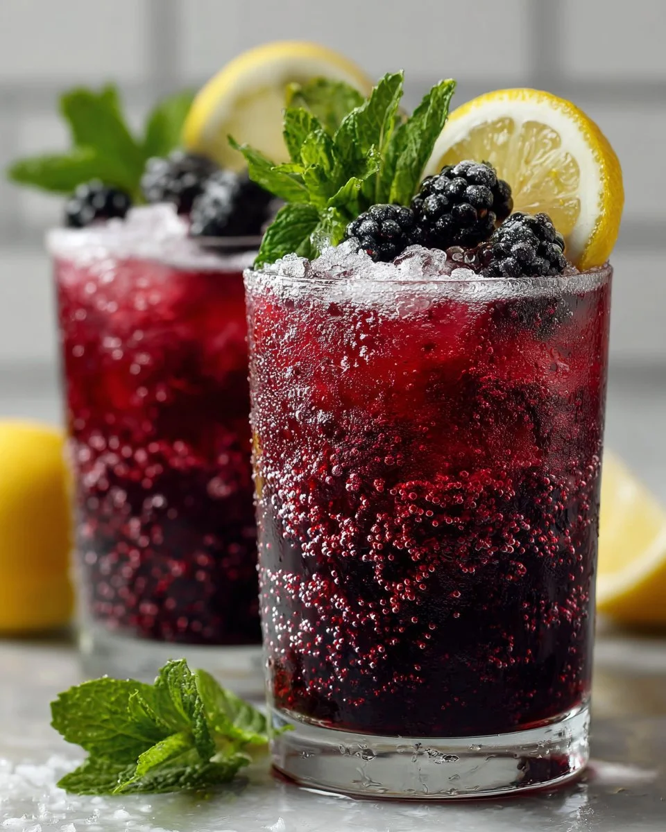 Sparkling blackberry lemonade mocktail served in a glass with fresh blackberries and lemon slices.