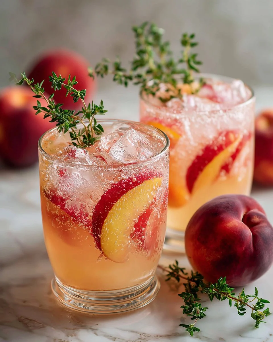 Sparkling Peach and Thyme Lemonade in a glass with fresh peaches and thyme sprigs.