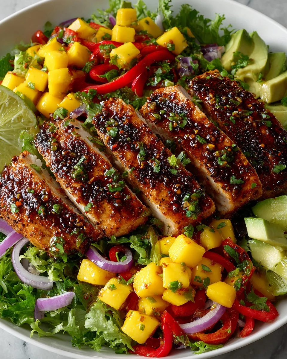 Spicy mango grilled chicken salad with fresh ingredients and vibrant colors