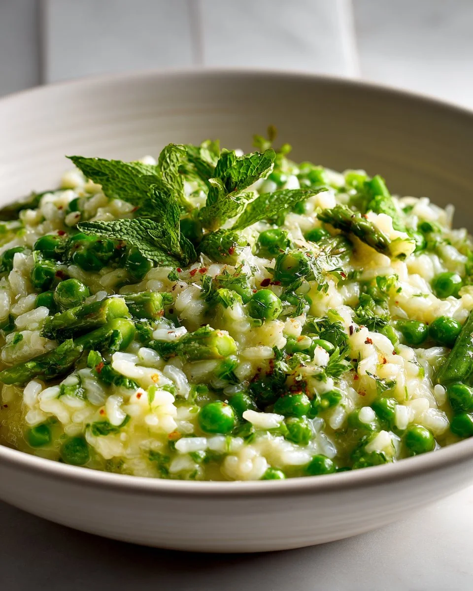 Spring pea and mint risotto garnished with fresh herbs in a bowl