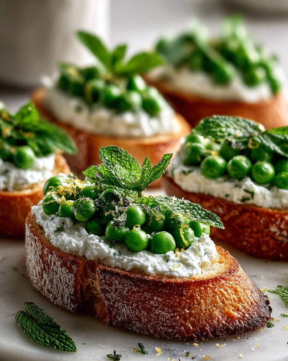 Fresh Spring Pea and Ricotta Crostini served on toasted bread slices.